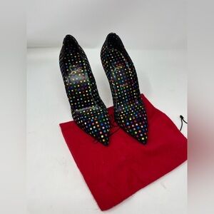 Christian Louboutin Hot Chick Black Suede Multicolor Polka Dot Heel Pump 37.5 EU